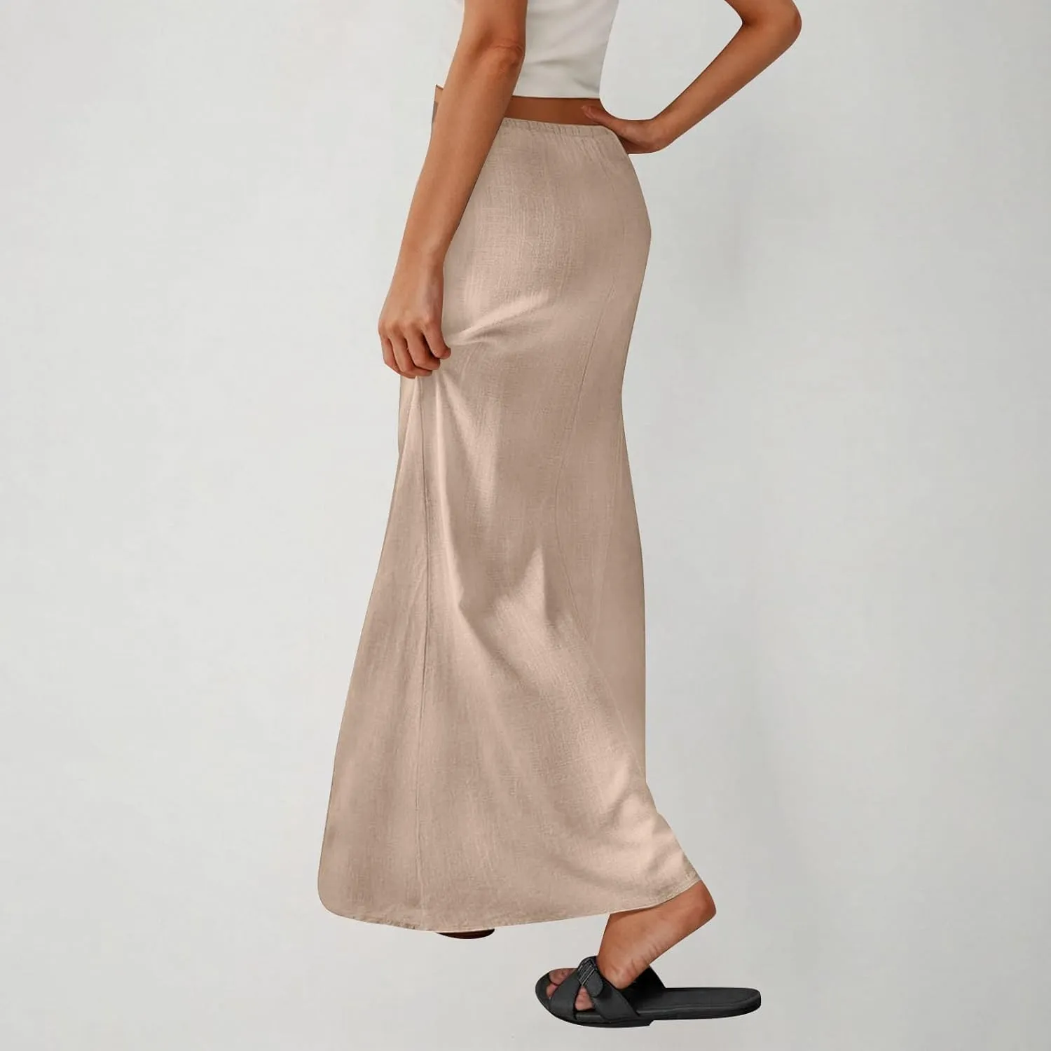 2025 Trendy Linen Maxi Skirts for Women Summer Drawstring Waist A Line Skirt Solid Loose Fit Flowy Long Beach Skirts