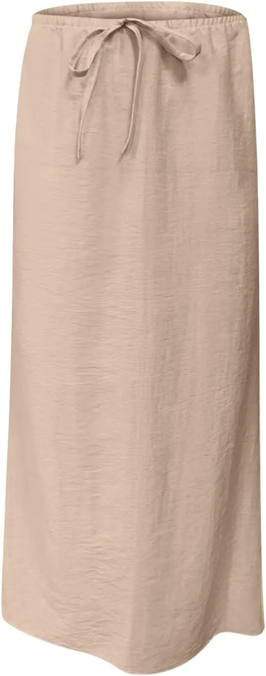 2025 Trendy Linen Maxi Skirts for Women Summer Drawstring Waist A Line Skirt Solid Loose Fit Flowy Long Beach Skirts