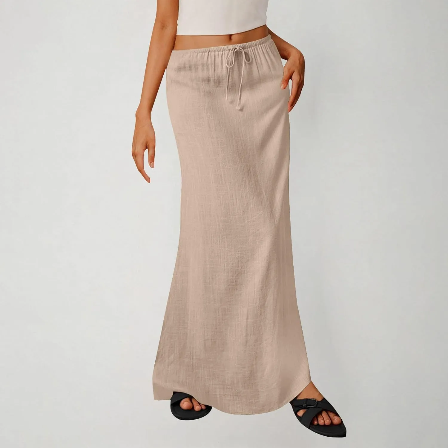 2025 Trendy Linen Maxi Skirts for Women Summer Drawstring Waist A Line Skirt Solid Loose Fit Flowy Long Beach Skirts