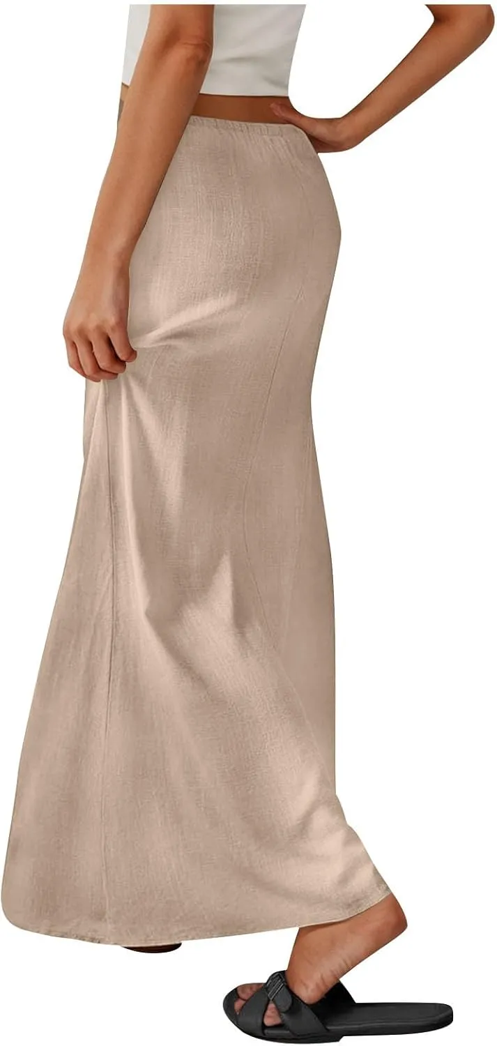 2025 Trendy Linen Maxi Skirts for Women Summer Drawstring Waist A Line Skirt Solid Loose Fit Flowy Long Beach Skirts