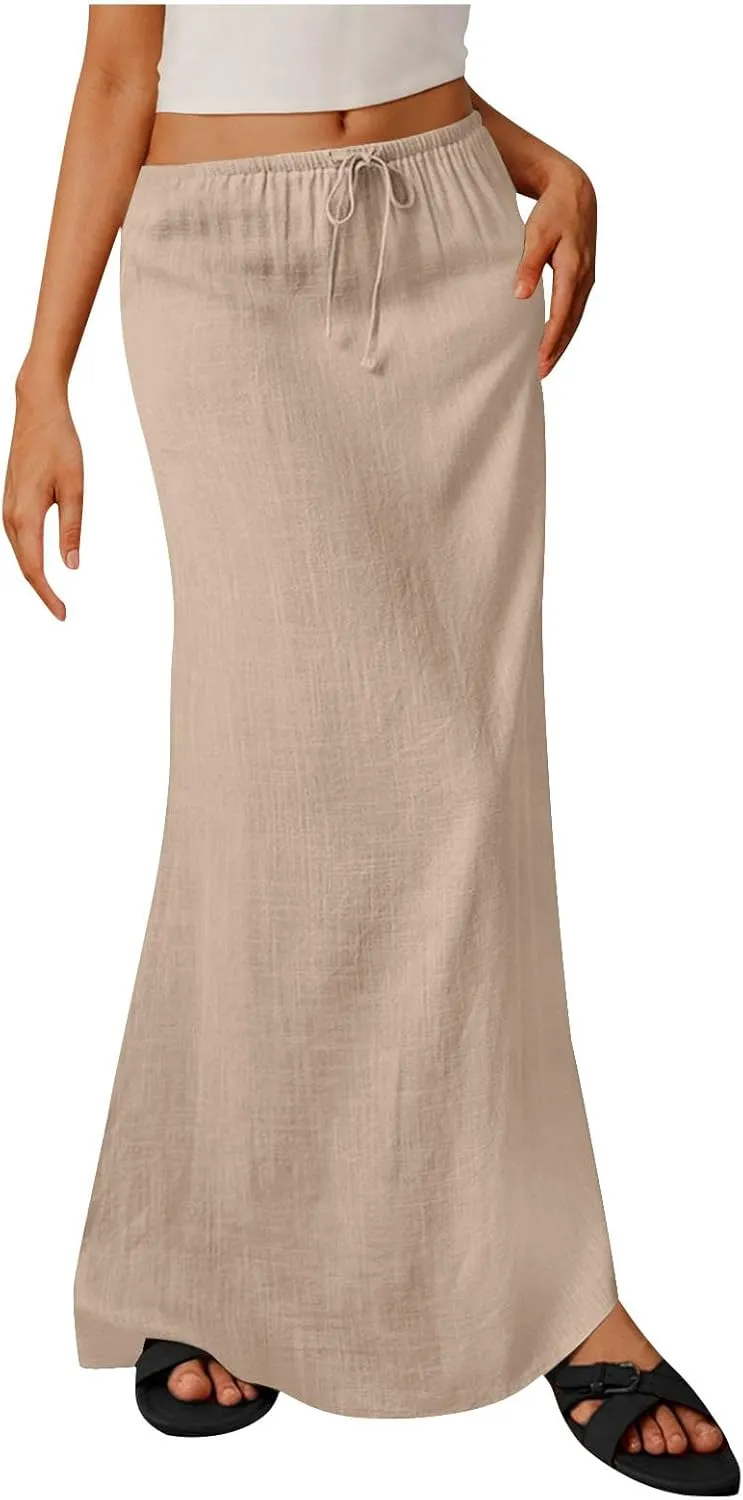 2025 Trendy Linen Maxi Skirts for Women Summer Drawstring Waist A Line Skirt Solid Loose Fit Flowy Long Beach Skirts