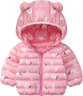Baby Toddler Down Puffer Jacket Clothes Kids Warm Down Hooded Winter Coat Bear Hoods Outwear Zip (Pink, 12-18 Months)