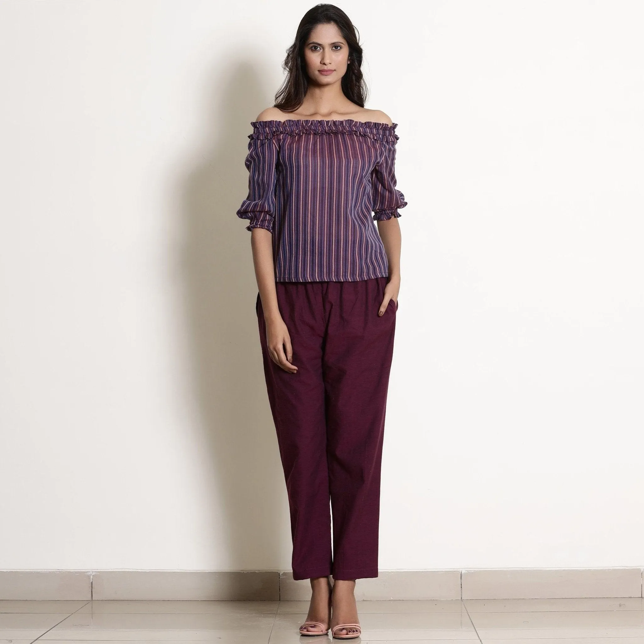 Berry Wine Striped Cotton Off-Shoulder Frilled Top