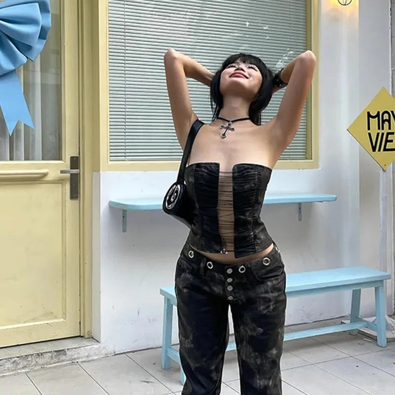 Black Lace Up Charming Tube Corset Top
