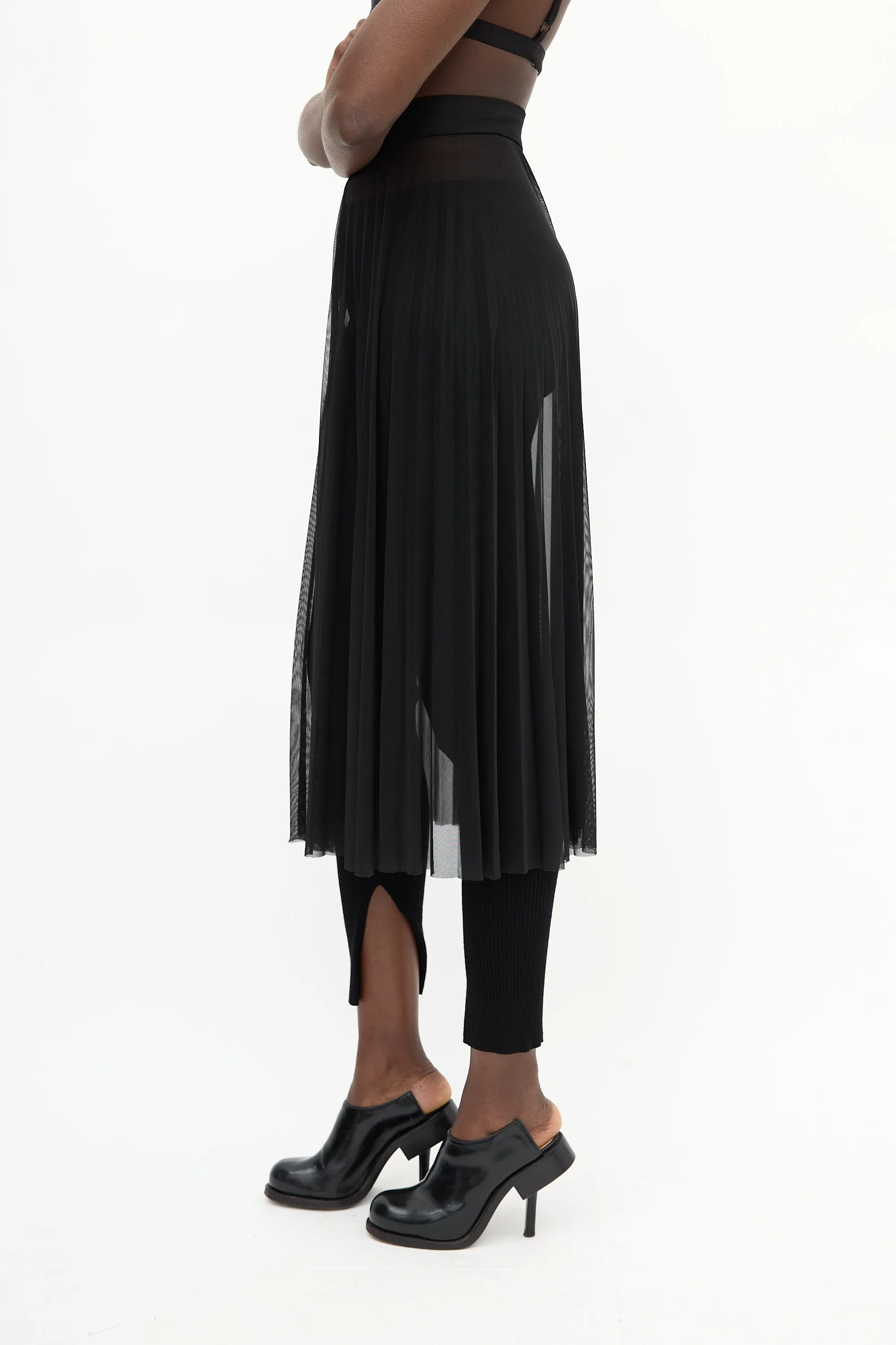 Black Pleated Mesh Midi Skirt