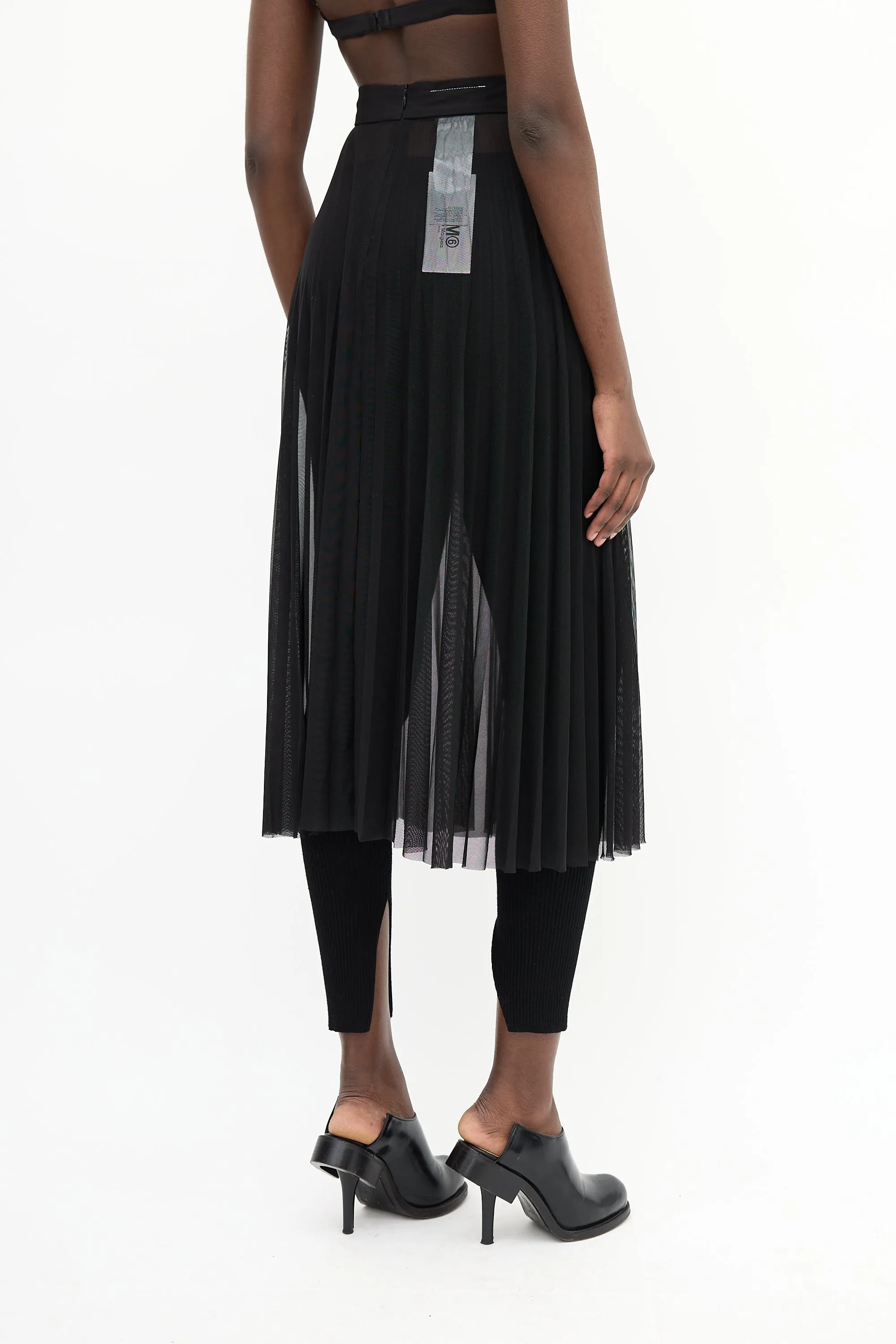 Black Pleated Mesh Midi Skirt