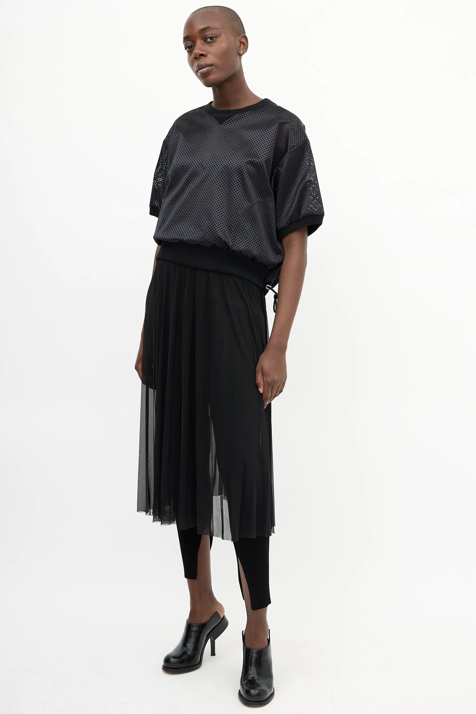 Black Pleated Mesh Midi Skirt