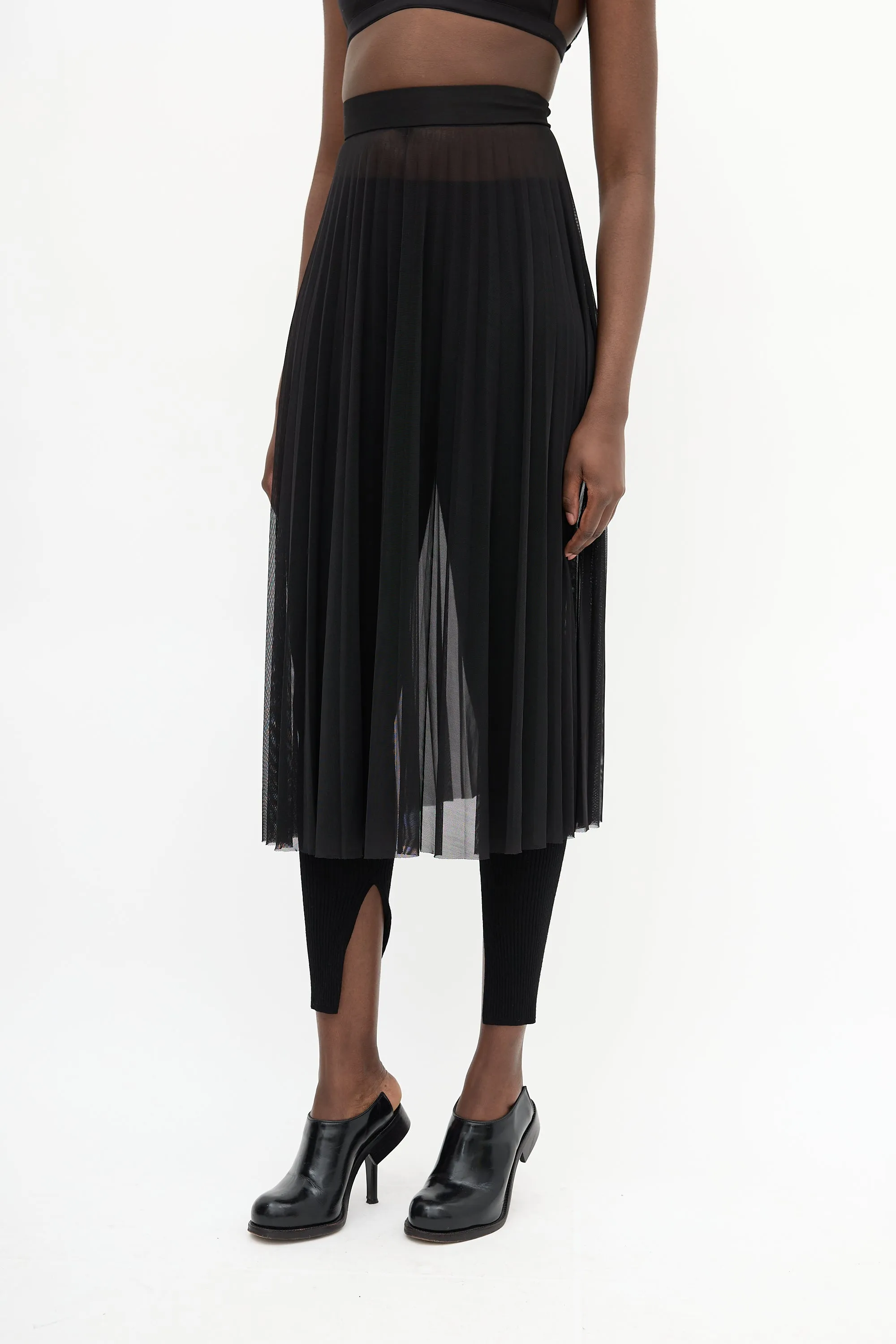 Black Pleated Mesh Midi Skirt