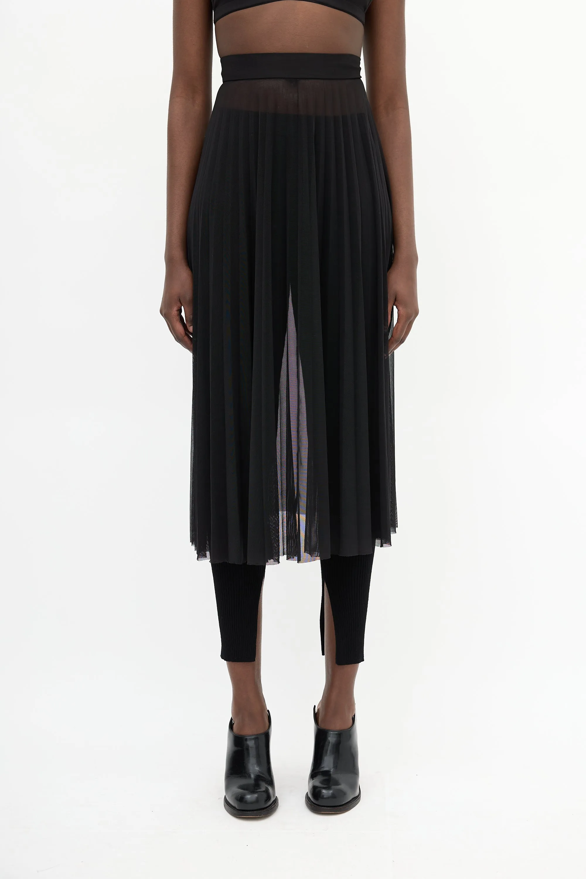 Black Pleated Mesh Midi Skirt