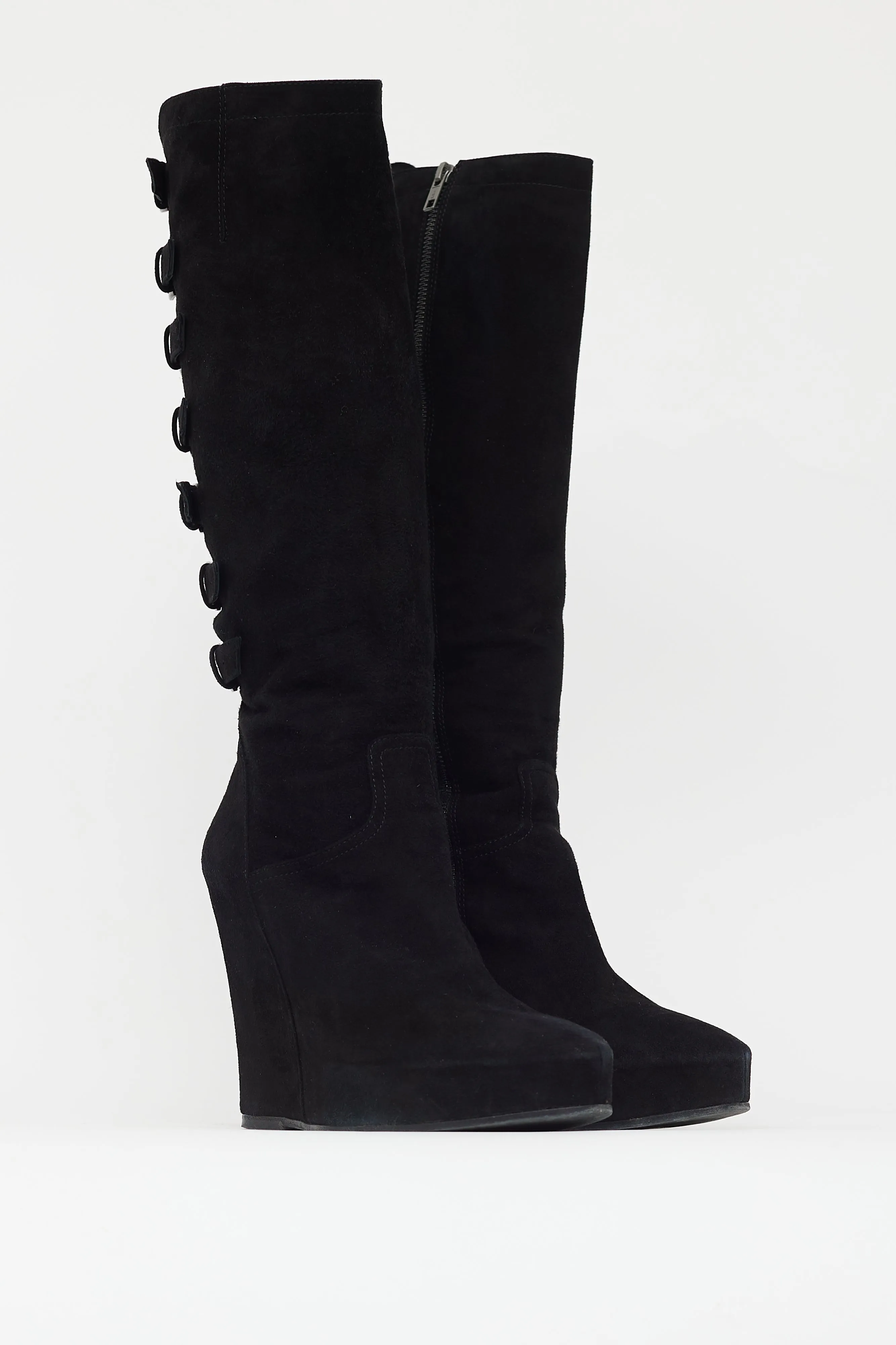 Black Suede Buckled Wedge Heel Boot