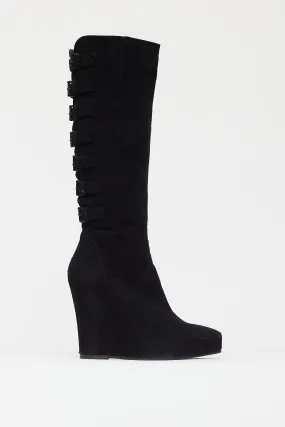Black Suede Buckled Wedge Heel Boot