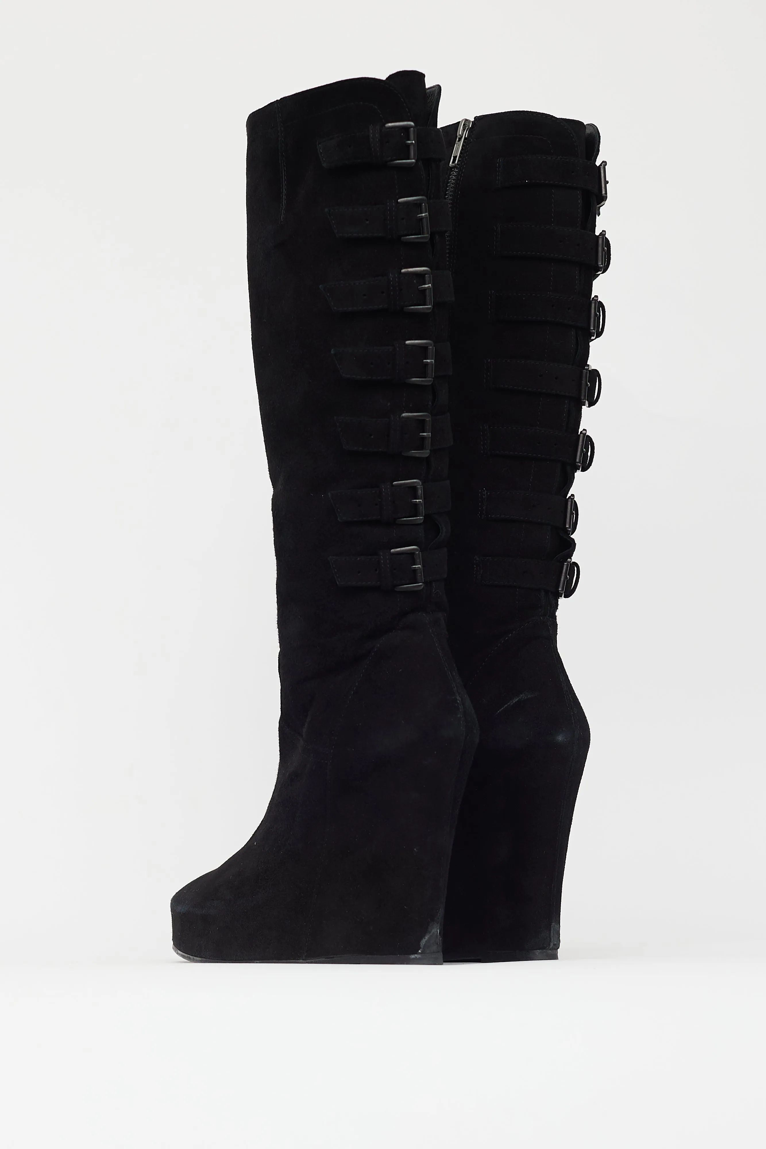 Black Suede Buckled Wedge Heel Boot