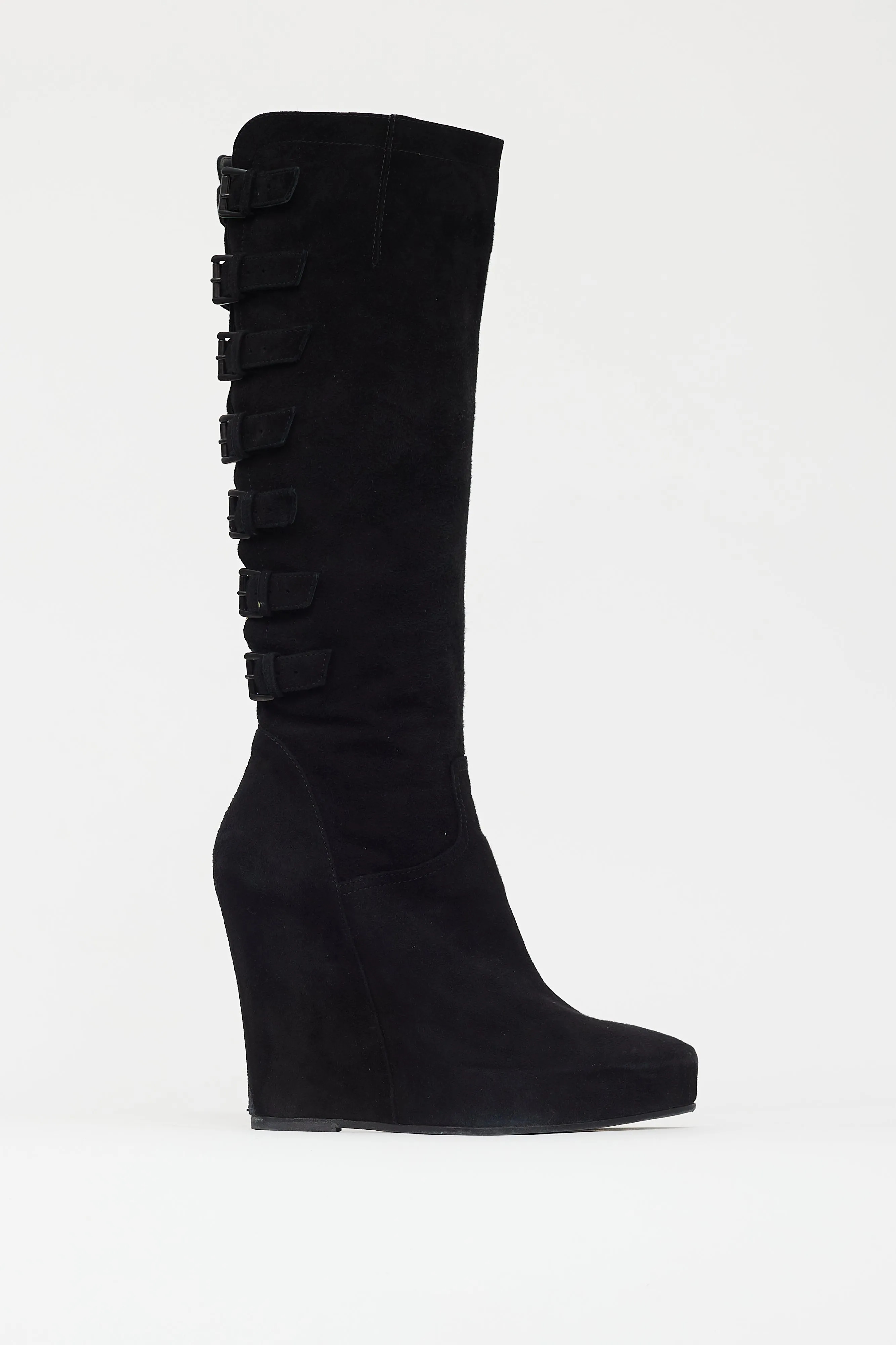 Black Suede Buckled Wedge Heel Boot