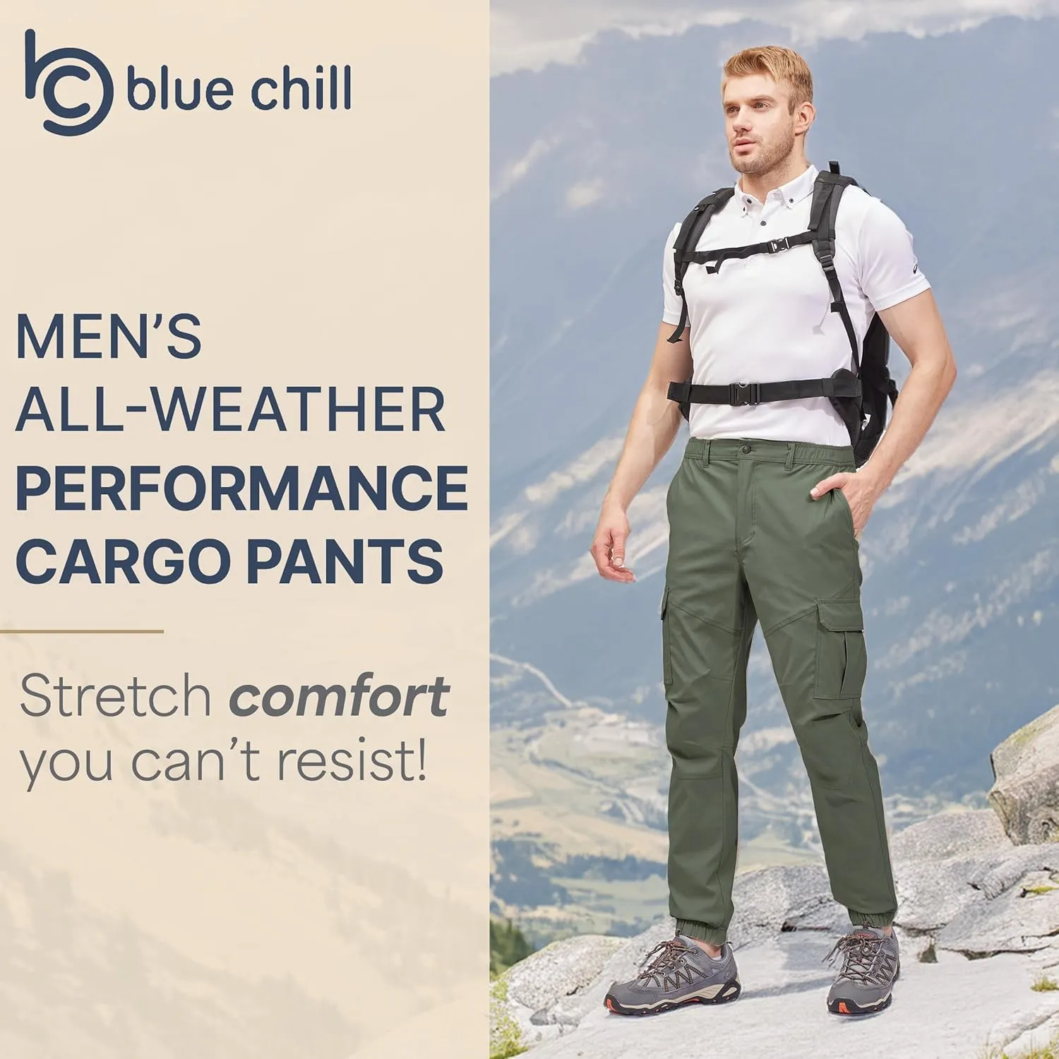 BLUE CHILL Mens Cargo Joggers – Slim Fit, Stretch Comfort, Water-Resistant, 7 Pockets, Lightweight for Hiking & Travel
