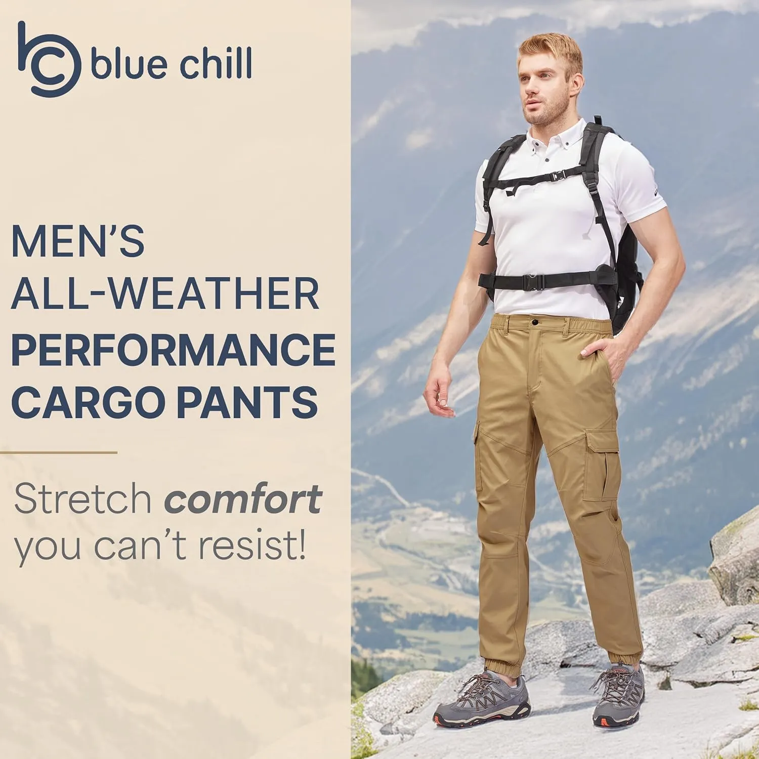BLUE CHILL Mens Cargo Joggers – Slim Fit, Stretch Comfort, Water-Resistant, 7 Pockets, Lightweight for Hiking & Travel