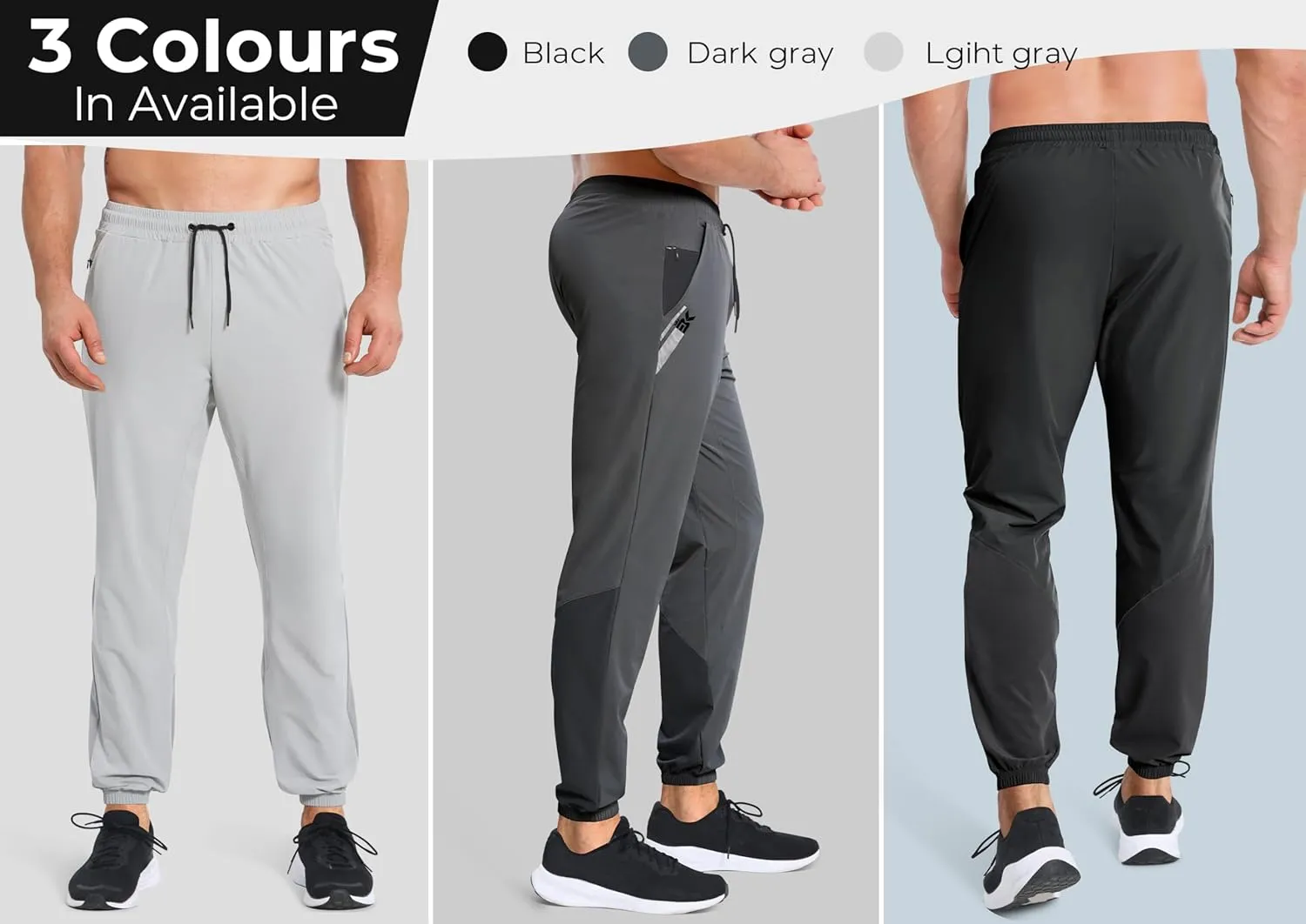 BROKIG Men's Contrast Athletic Gym Jogger Pants, Stretch Quick Dry Lightweight Workout Track Pants with Zipper Pockets