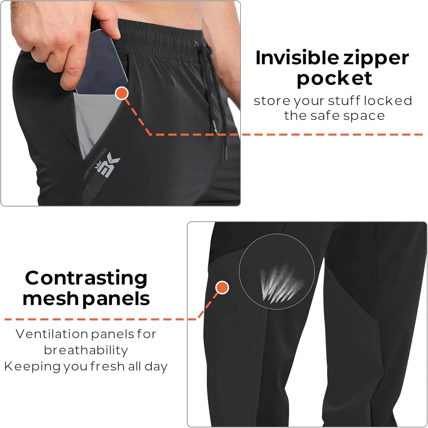 BROKIG Men's Contrast Athletic Gym Jogger Pants, Stretch Quick Dry Lightweight Workout Track Pants with Zipper Pockets