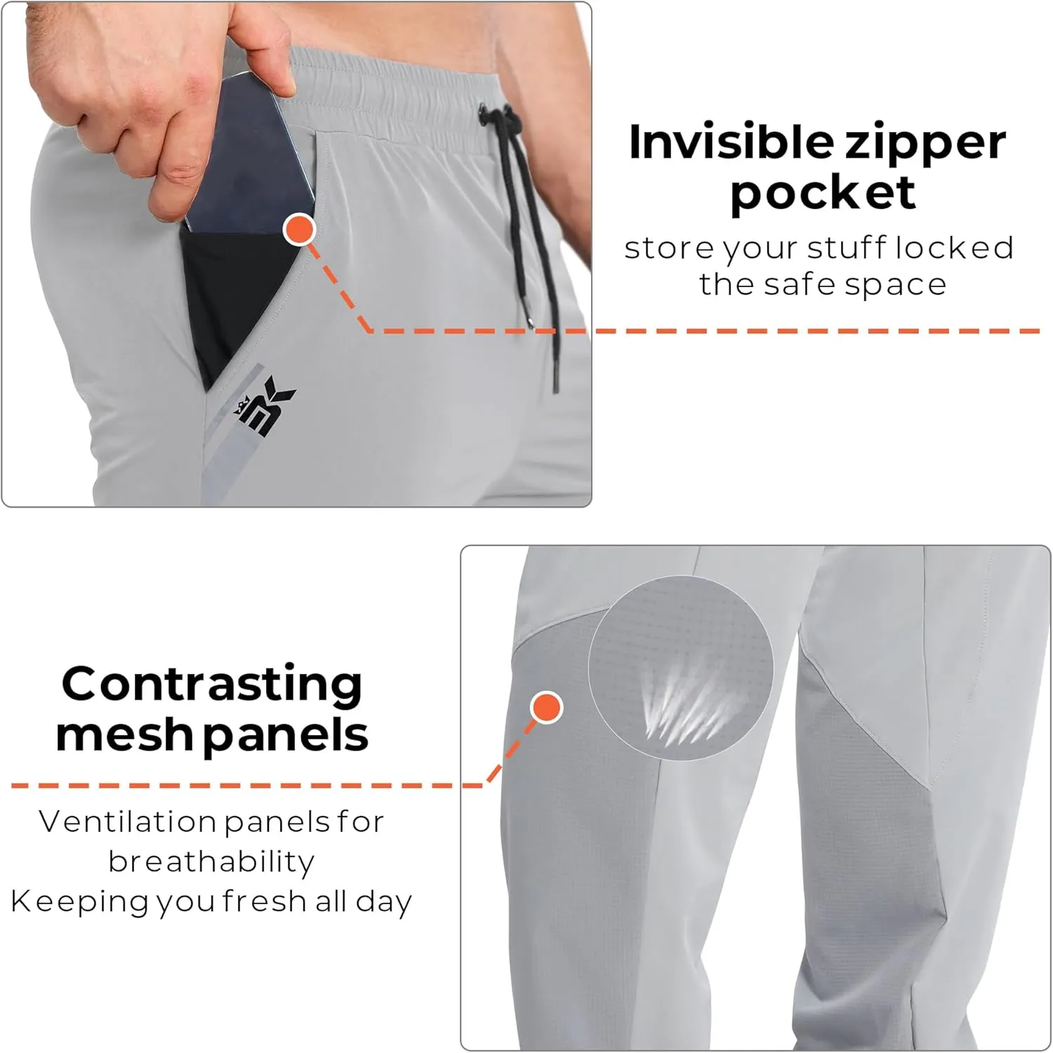 BROKIG Men's Contrast Athletic Gym Jogger Pants, Stretch Quick Dry Lightweight Workout Track Pants with Zipper Pockets