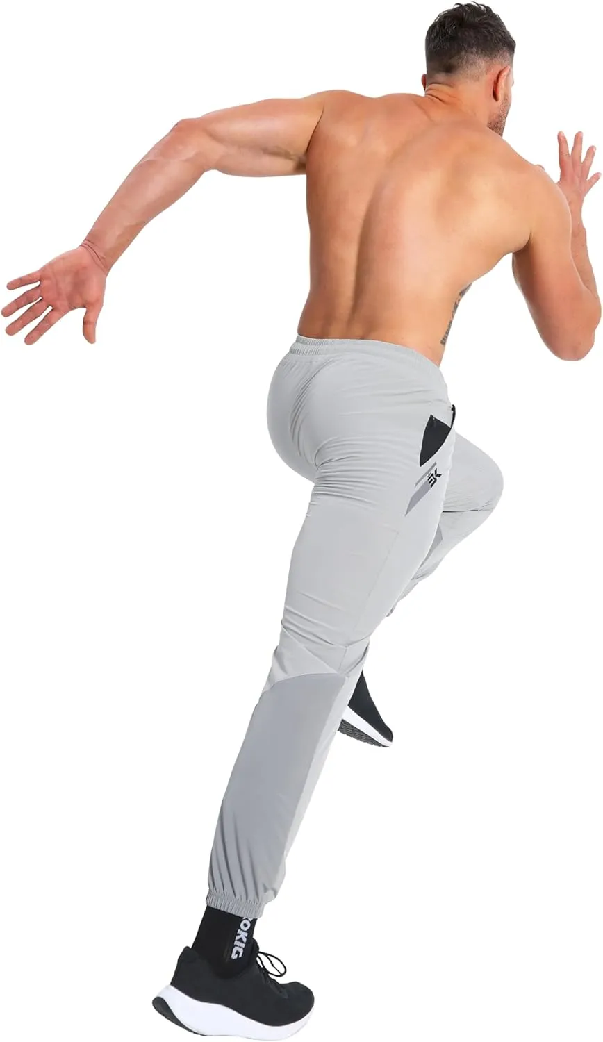 BROKIG Men's Contrast Athletic Gym Jogger Pants, Stretch Quick Dry Lightweight Workout Track Pants with Zipper Pockets