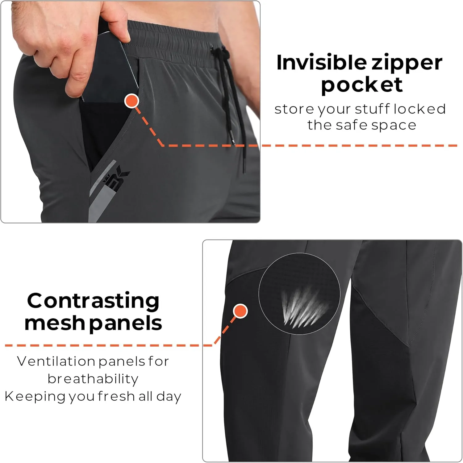 BROKIG Men's Contrast Athletic Gym Jogger Pants, Stretch Quick Dry Lightweight Workout Track Pants with Zipper Pockets