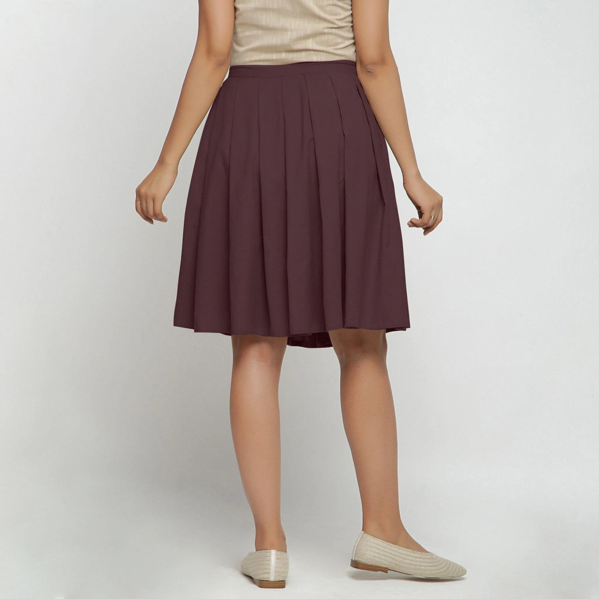 Brown Cotton Flax Pleated Knee Length Skirt