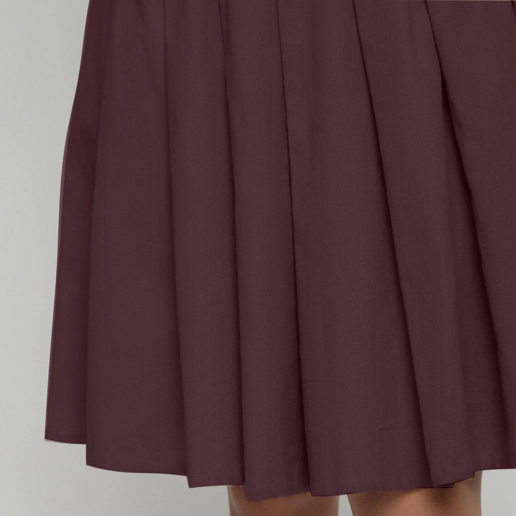 Brown Cotton Flax Pleated Knee Length Skirt