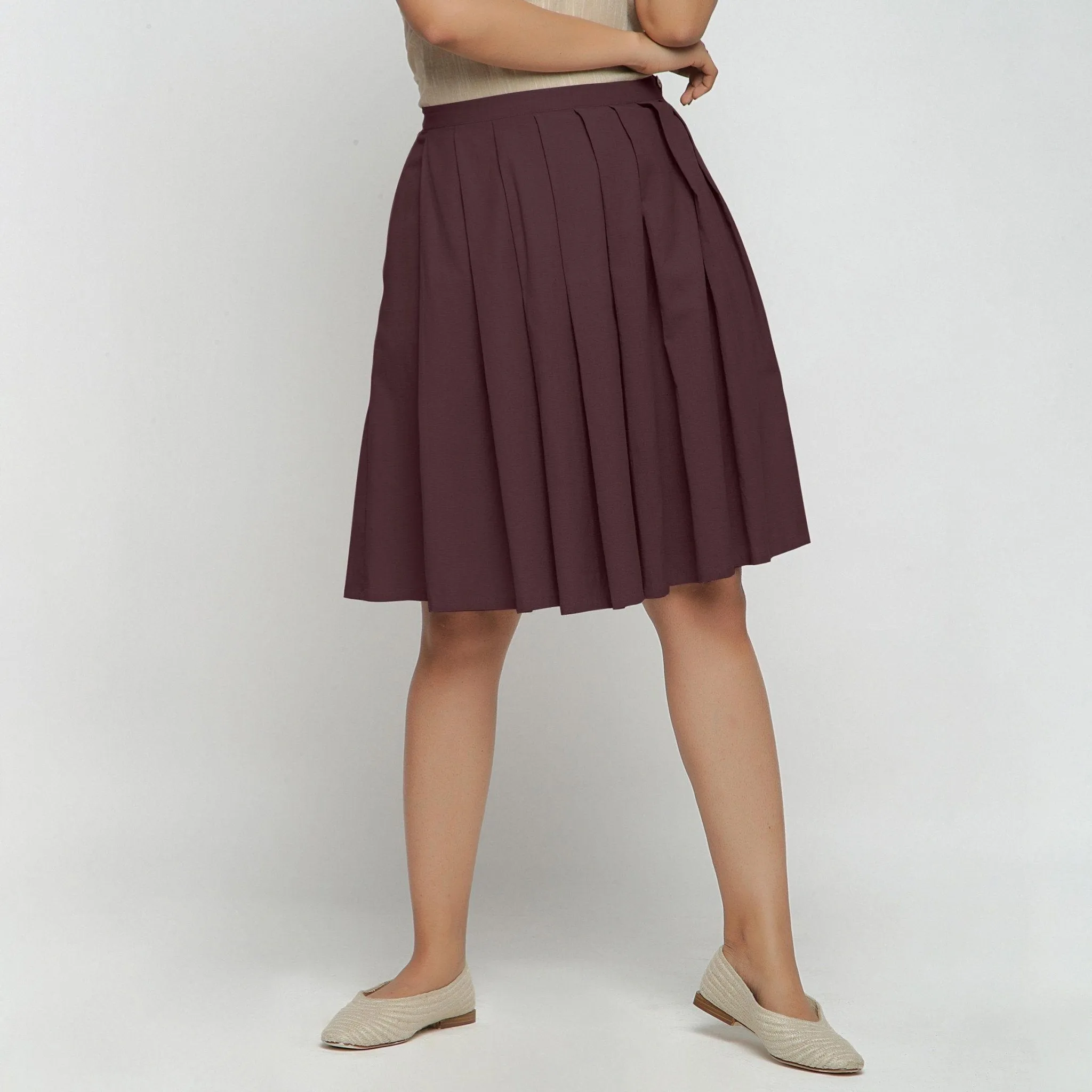 Brown Cotton Flax Pleated Knee Length Skirt