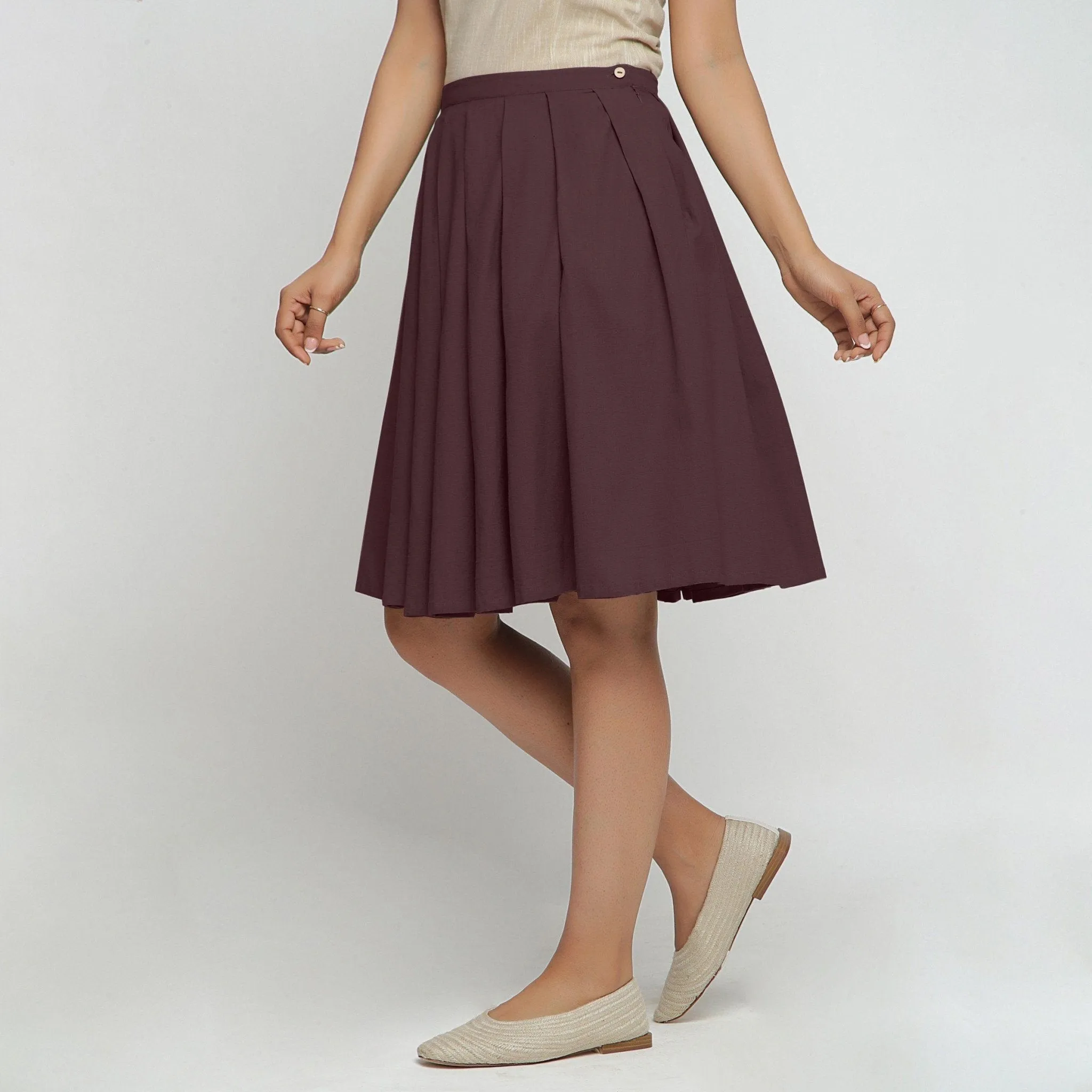 Brown Cotton Flax Pleated Knee Length Skirt