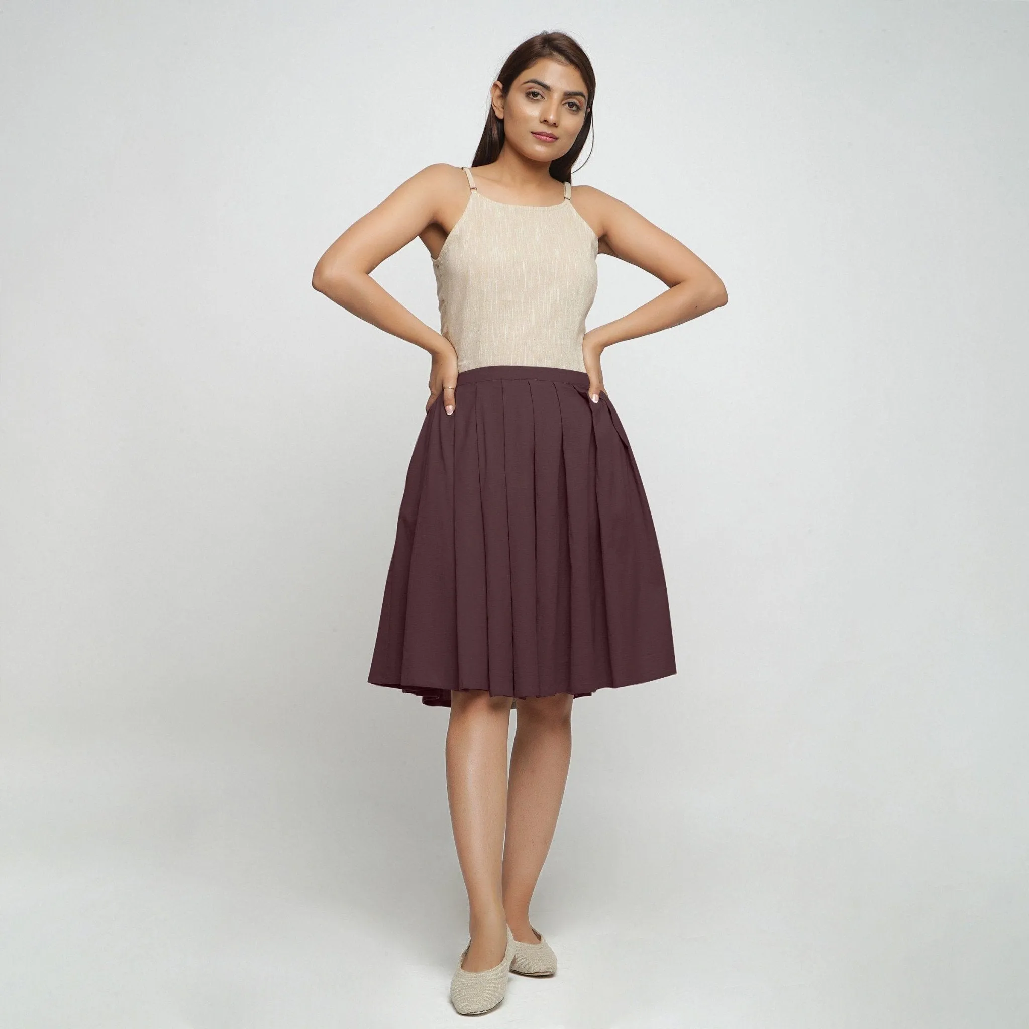 Brown Cotton Flax Pleated Knee Length Skirt