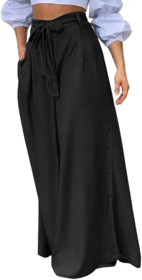 chouyatou Women's Casual Tie Knot Denim Pant High Waist Wide Leg Dressy Jean Pants Palazzo Culottes with Pockets