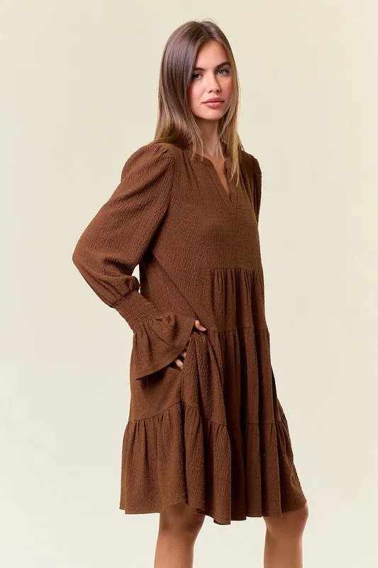 Coffee Cuff Puff Long Sleeve Tiered Mini Dress