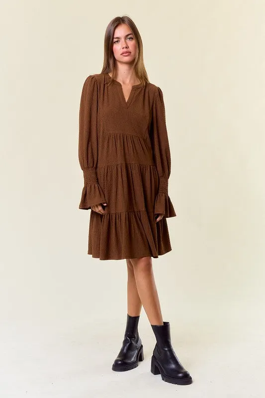 Coffee Cuff Puff Long Sleeve Tiered Mini Dress