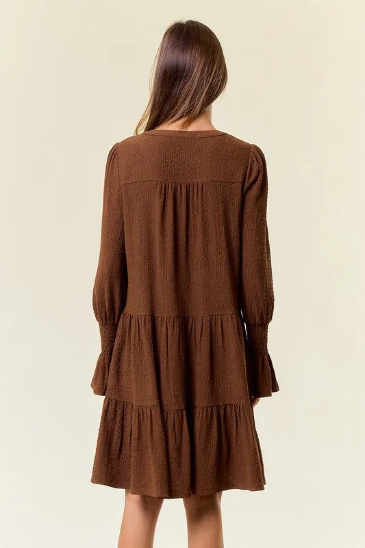 Coffee Cuff Puff Long Sleeve Tiered Mini Dress