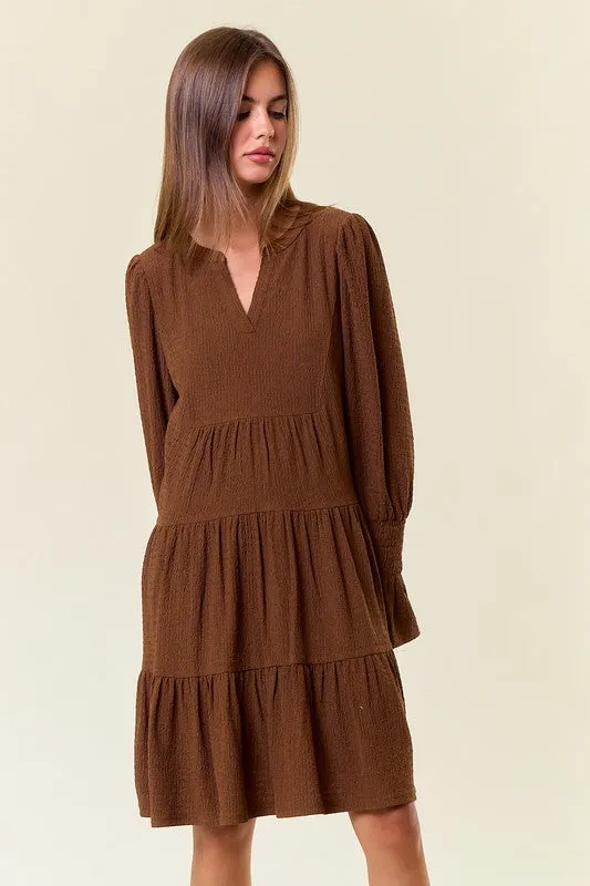 Coffee Cuff Puff Long Sleeve Tiered Mini Dress