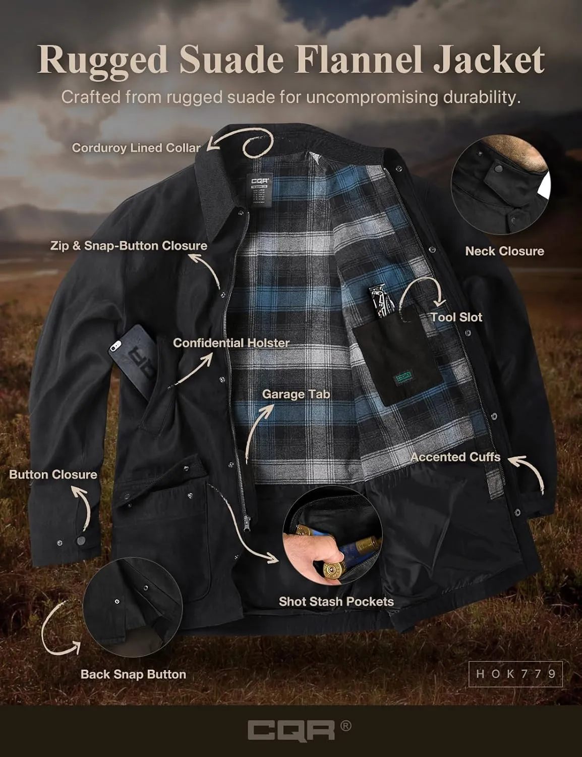 CQR Men's Flannel Lined Shirt Jackets, Long Sleeved Rugged Plaid Cotton Brushed Suede Shirt Jacket