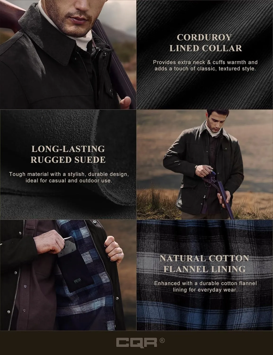 CQR Men's Flannel Lined Shirt Jackets, Long Sleeved Rugged Plaid Cotton Brushed Suede Shirt Jacket