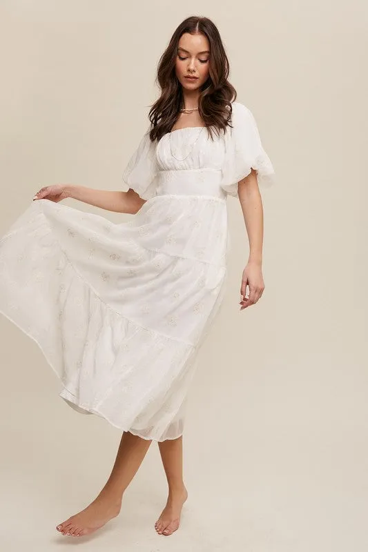 Cream Flower Embroidered Puff Sleeve Tiered Maxi Dress