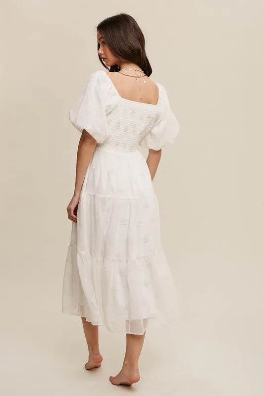 Cream Flower Embroidered Puff Sleeve Tiered Maxi Dress