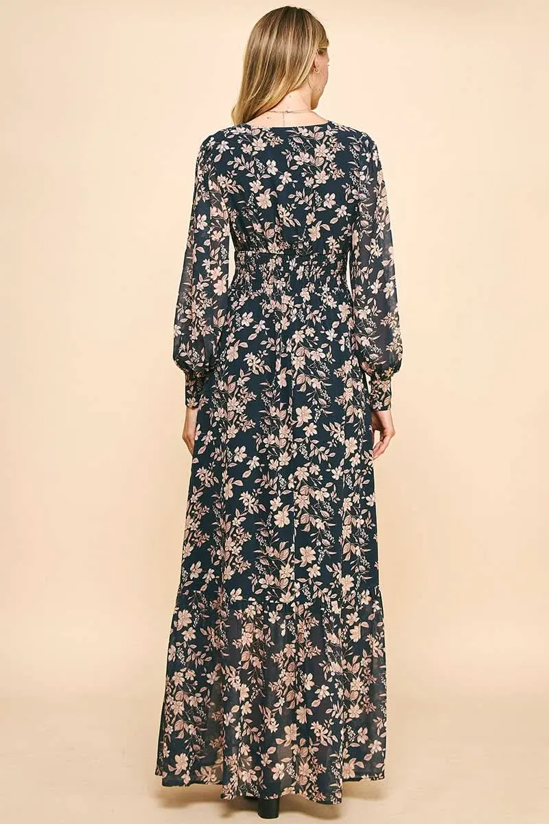 Deep Navy Floral Print Maxi Long Sleeve Dress