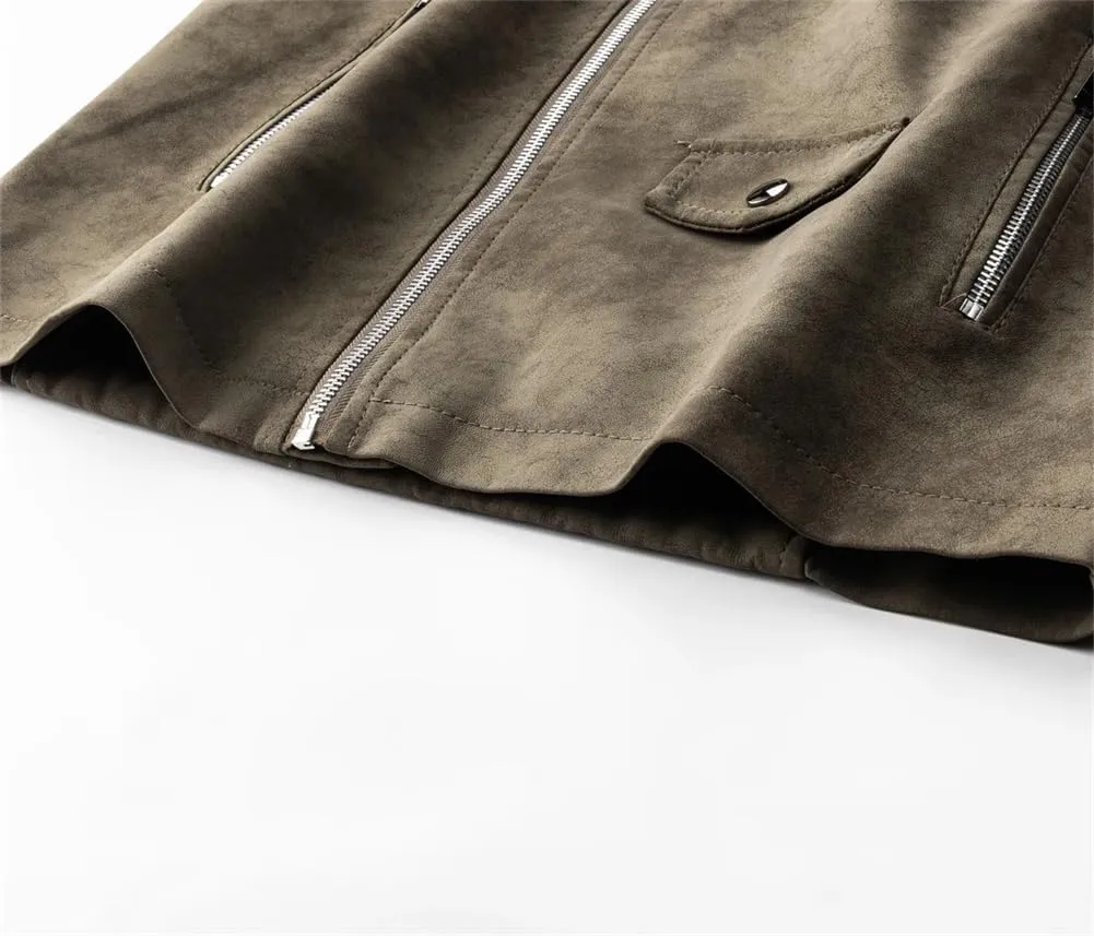 Disimlarl Mens Multi Zipper Suede Leather Jackets European Style Motorcycle Windbreaker Jackets Warm Lapel Coats