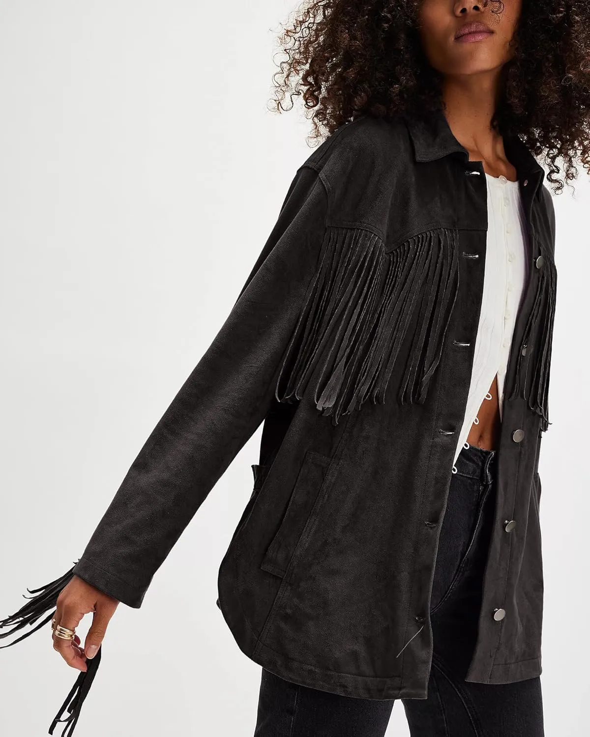 Gacaky Women's Oversized Faux Suede Fringe Jacket Vintage Western Cowgirl Tassel Jackets Country Concert Outfits