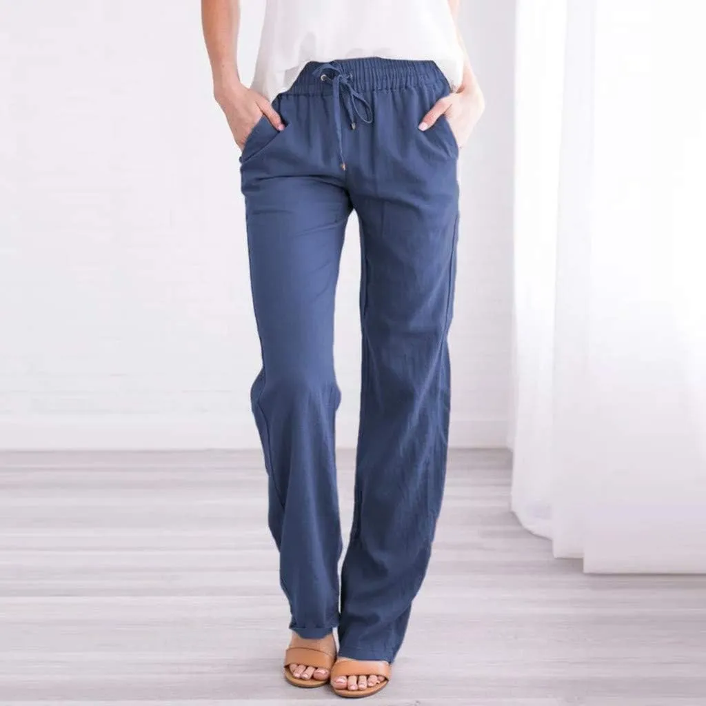 GOKKILRW Womens Cotton Linen Pants Casual Straight Leg Drawstring Elastic High Waist Loose Fit Comfy Long Pants with Pockets