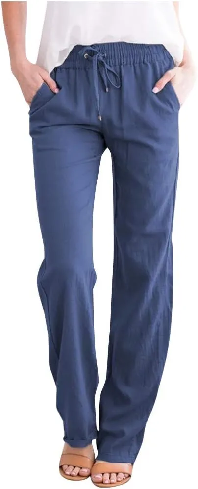 GOKKILRW Womens Cotton Linen Pants Casual Straight Leg Drawstring Elastic High Waist Loose Fit Comfy Long Pants with Pockets
