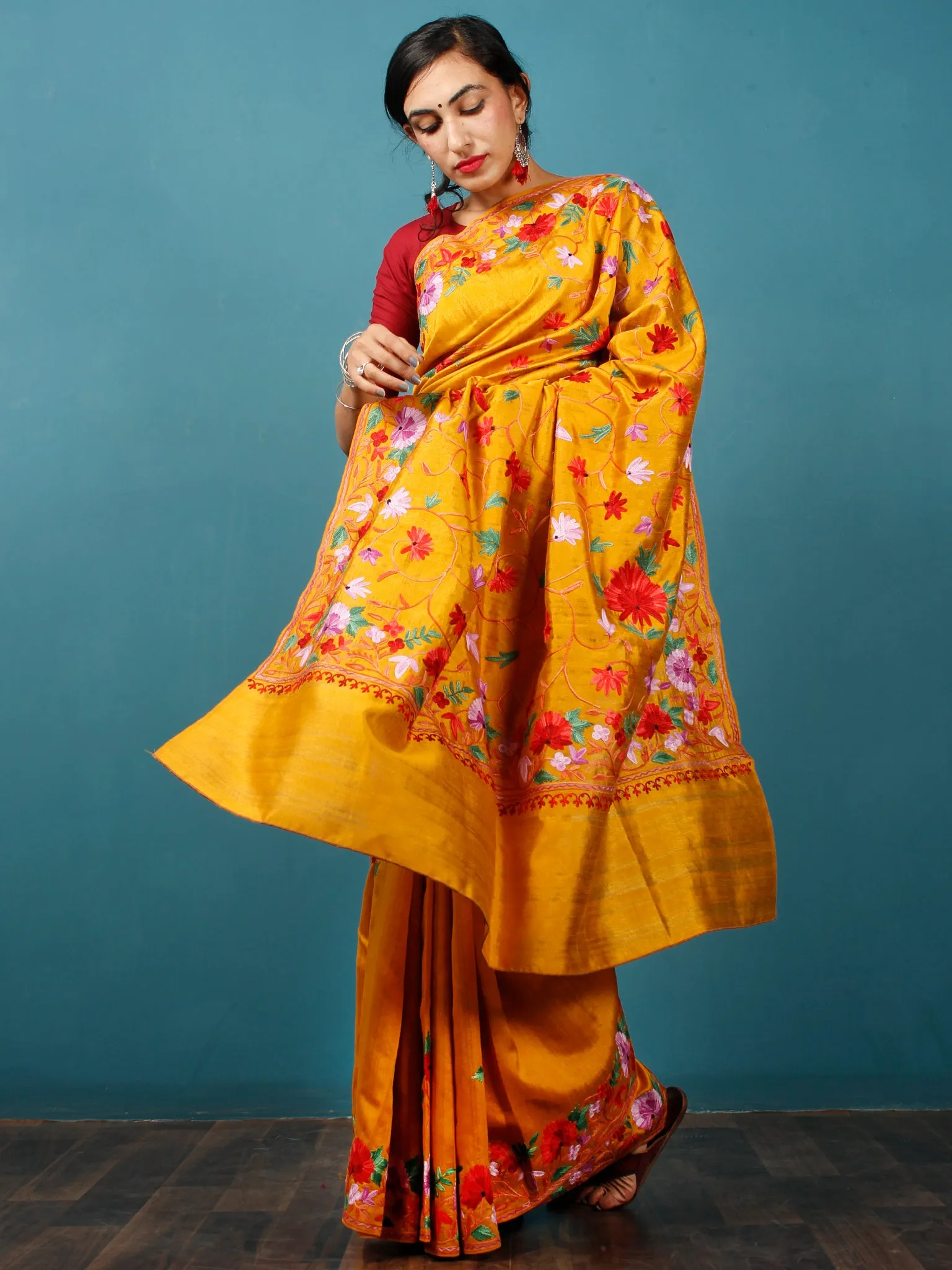 Golden Mustard Red Purple Green Aari Embroidered Bhagalpuri Silk Saree From Kashmir  - S031703056