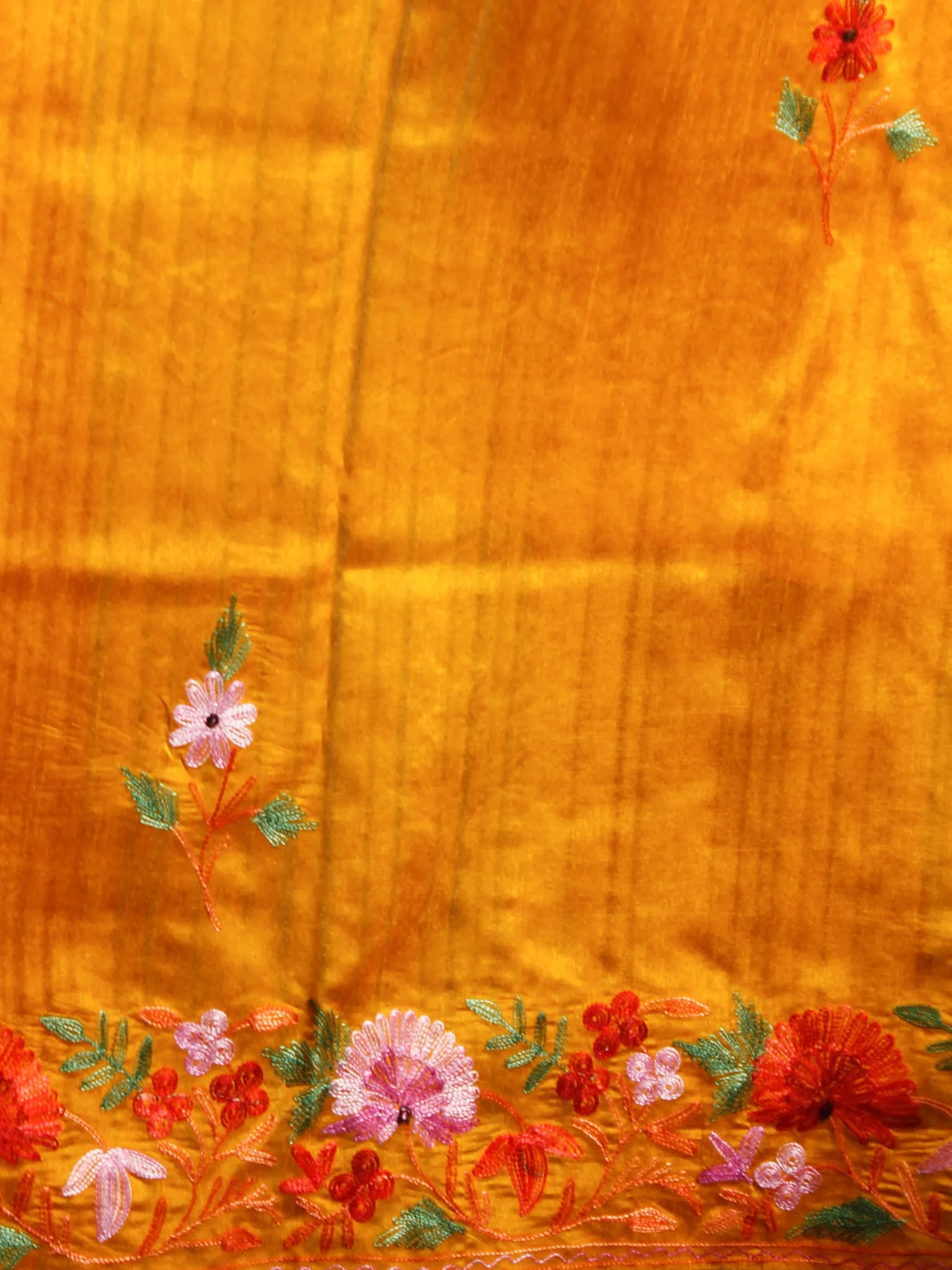 Golden Mustard Red Purple Green Aari Embroidered Bhagalpuri Silk Saree From Kashmir  - S031703056