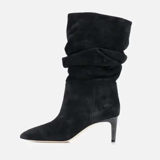 High Heel Snake Print Pleated Mid-top Boots