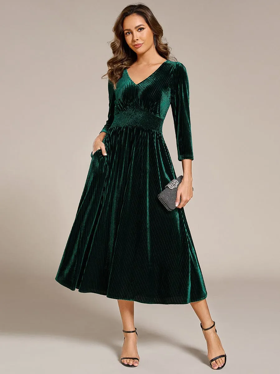 Ida | Long Sleeve High Stretch Velvet Tea Length Wedding Guest Dress