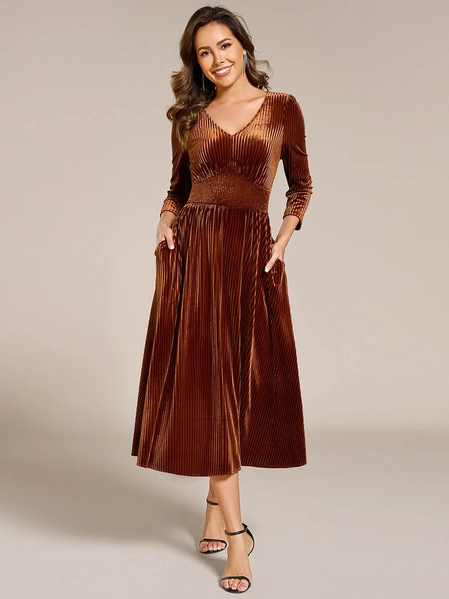 Ida | Long Sleeve High Stretch Velvet Tea Length Wedding Guest Dress
