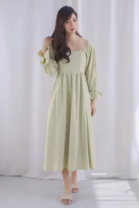 Karlina Puffy Sleeve Square Neckline Midi Dress In Pistachio