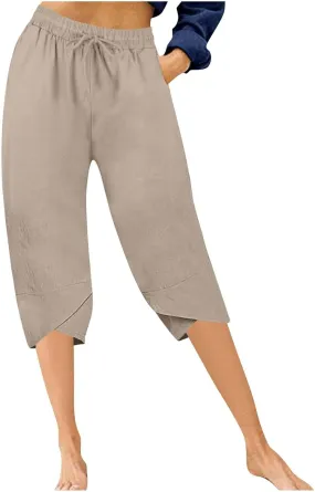 Linen Capri Pants for Women Casual High Waist Tapered Leg Lounge Pants Elastic Waist Baggy Crop Trousers Beach Outfit